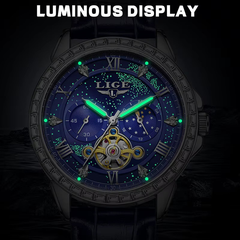 LIGE Armbanduhr, Automatik, Leder, Blau, Herren - Bild 3