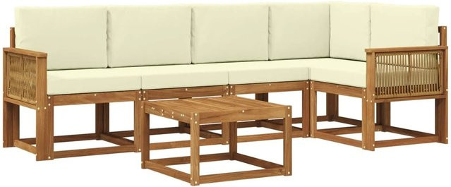 vidaXL Outdoor-Sofagarnitur aus Massivholz Akazie in Natur und Creme, 6-teiliges L-Shape Gartenmöbel-Set mit Armlehnen und Kissen - Bild 1