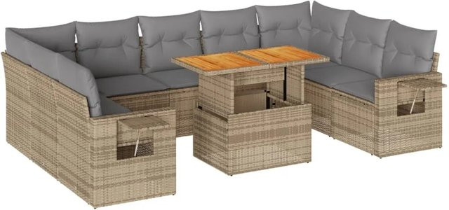 vidaXL 10-tlg. Garten-Sofagarnitur in L-Form aus Polyrattan und Akazienholz mit Kissen in Beige und Grau - Bild 1