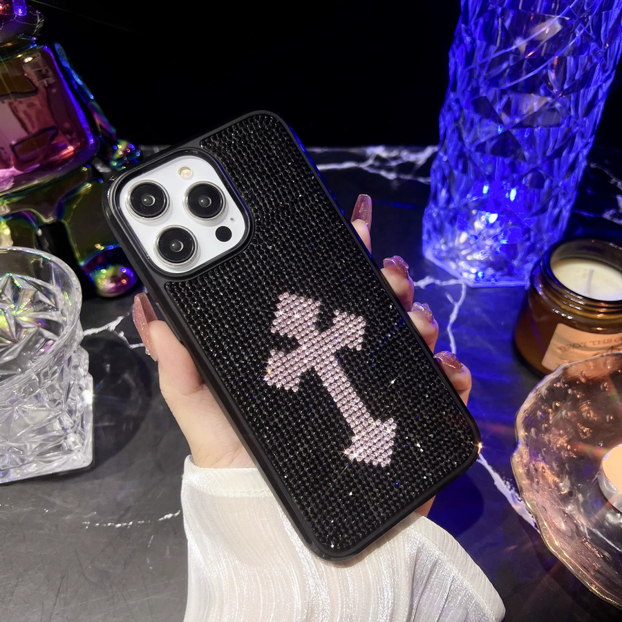 Luxuriöse iPhone Schutzhülle mit Gothic-Kreuz und Strass in Silber für Apple iPhone 16 15 14 13 12 11 Pro Max Plus - Bild 3