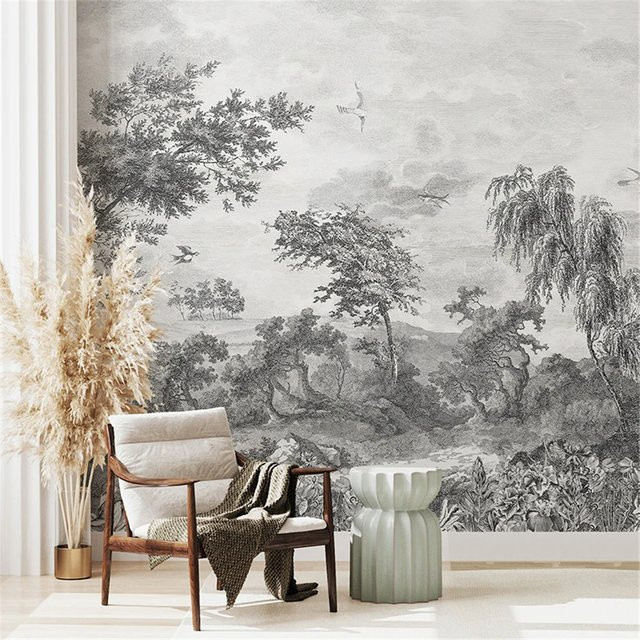 Vintage Waldbäume Tapete in Grau für Wohnzimmer und Schlafzimmer als Wandbild - Bild 1