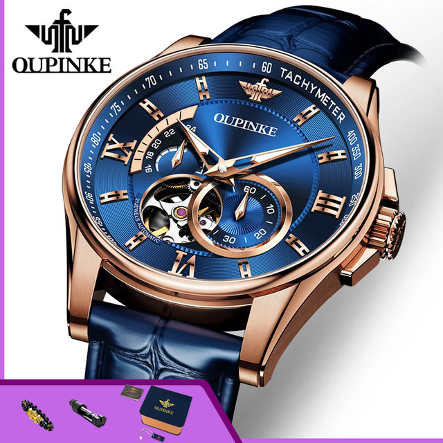 OUPINKE Automatikuhr, Herren, Leder, Blau, Roségold, Bicolor - Bild 1