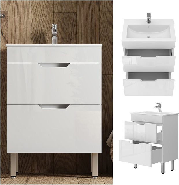 Vicco Badmöbel-Set Clayton Waschtisch mit Unterschrank in Weiß Hochglanz, Breite: 60 cm - Bild 1