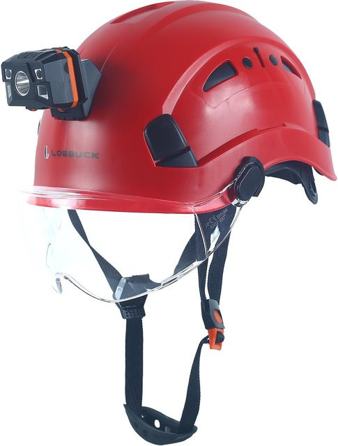 LOEBUCK Schutzhelm mit Schutzbrille und LED-Scheinwerfer in Rot, Industrieller Hartschalenhelm nach EN 397, Kopfumfang: 53-64 cm - Bild 1