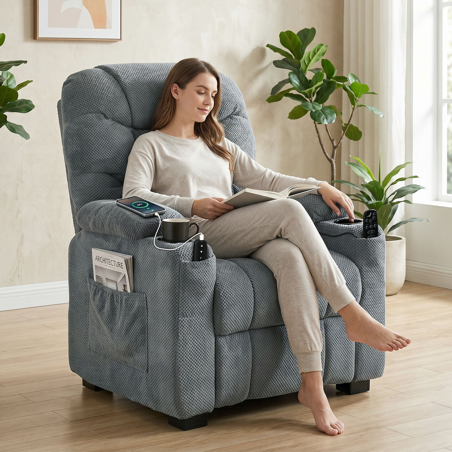 HOMCOM elektrischer TV-Sessel mit Massage und Wärme in Dunkelgrau, Samt-Relaxsessel mit Memory-Funktion, Federpolsterung, USB-Anschluss, Seitentaschen und Getränkehaltern - Bild 2