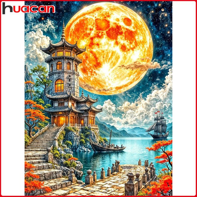Huacan 5D-Diamantgemälde Mondhaus und Fluss als Landschaftsmosaik in Multicolour, B/H: 20 x 30 cm - Bild 1