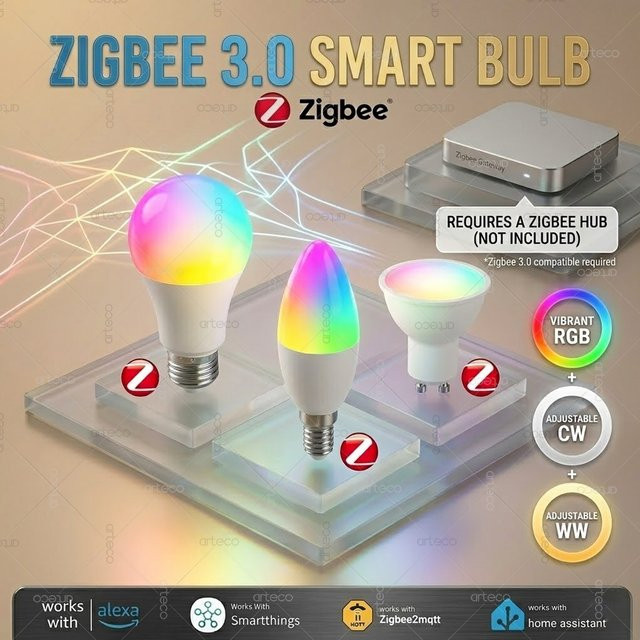 Arteco Zigbee 3.0 Smart LED-Glühbirne RGBW, dimmbar, kompatibel mit Alexa und Yandex Alice, Multicolor - Bild 1