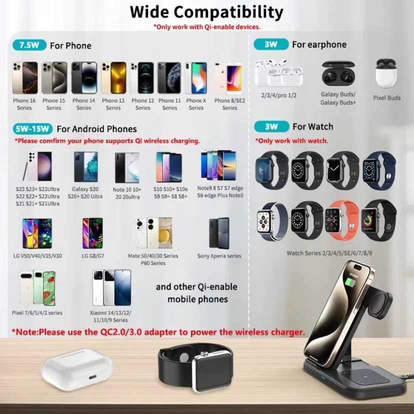 XIKCU 3-in-1 Wireless Ladegerät faltbares Schnelllade-Dock für iPhone, iWatch und AirPods in Schwarz oder Weiß - Bild 6