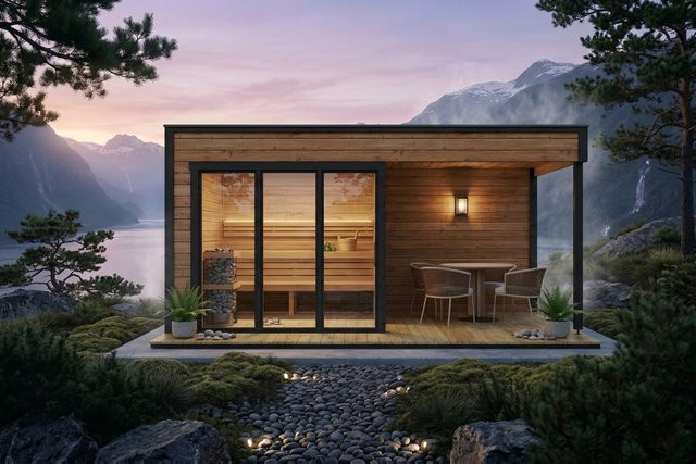 Moderne Gartensauna Nord von Hansagarten24 aus Thermokieferholz in Braun, B/T: 5 x 2 m - Bild 1