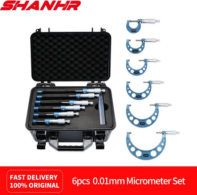 SHANHR 6-teiliges Außenmikrometer-Set aus Legierung in Silber, Messbereich 0-150mm, 0,01mm Graduierung, inklusive Box - Bild 1