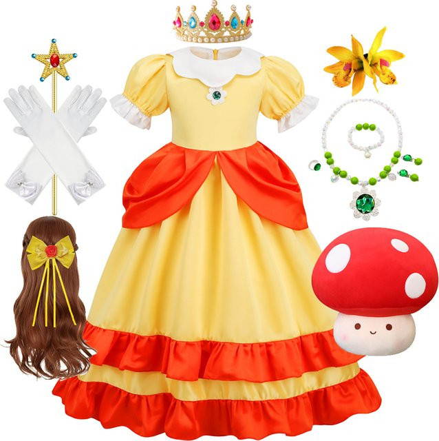 PAMABIBI Prinzessin Daisy Cosplay Kostüm, Mädchen, mit LED Licht, Gelb - Bild 1