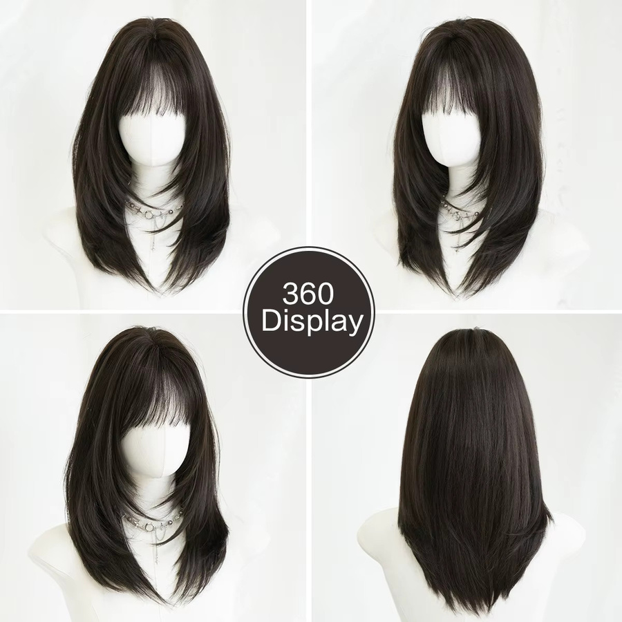 7JHH WIGS Perücke für Damen, schulterlang, glatt, dunkelbraun, synthetisch - Bild 4