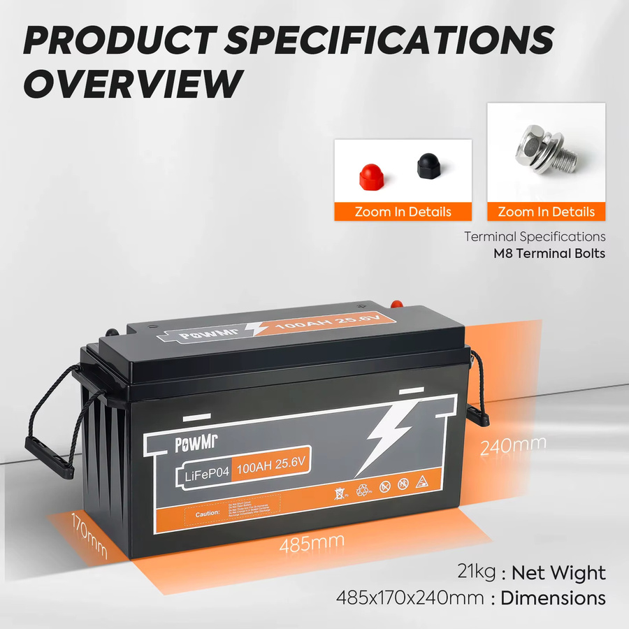 PowMr LiFePO4 Batterie 25,6V 100Ah 2560Wh mit 100A BMS Deep-Cycle Lithium-Eisenphosphat-Batterie in Schwarz für Solar, Wohnmobile, Marine und Golfcarts - Bild 2