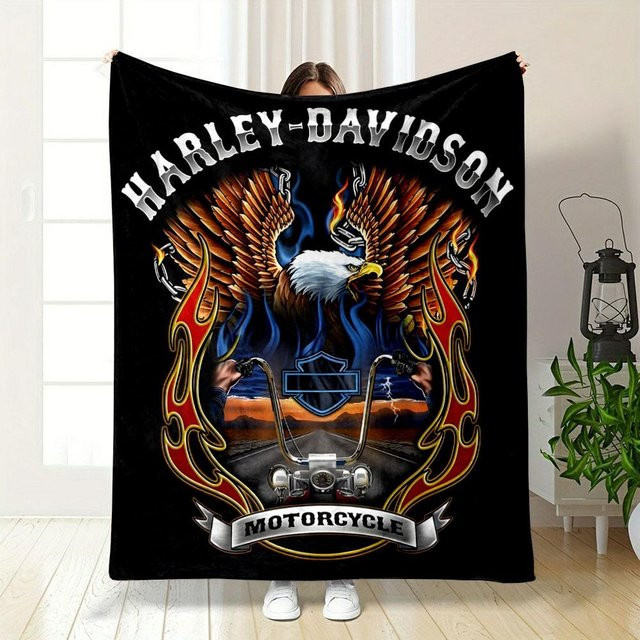 Glow Thread Studio Harley Davidson Motorraddecke mit Adler Motiv in Schwarz, B/B/H: 100 x 150 cm - Bild 1