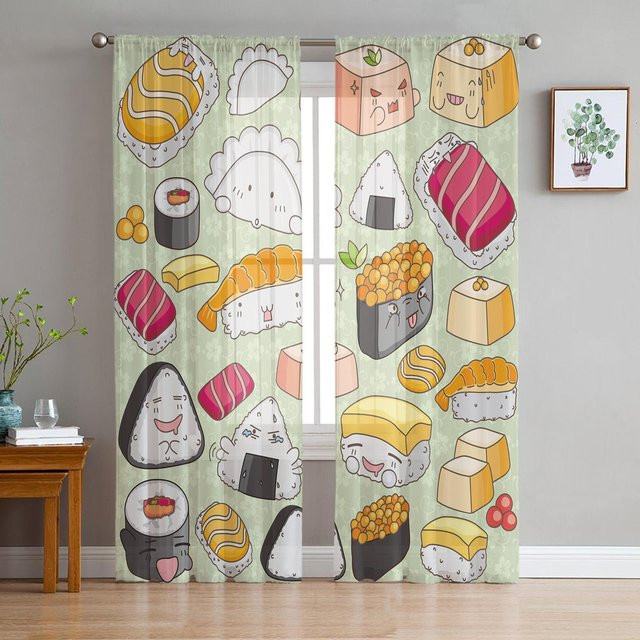 Transparente Tüll-Vorhänge mit Sushi-Cartoon-Motiv in Weiß, Breite: 135 cm, Höhe: 115 cm - Bild 1