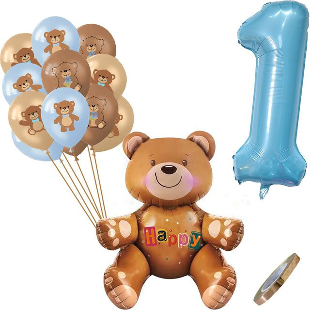Tissy 12er Set Vintage Folienballons mit Braunbär-Motiv und Zahlen für Kindergeburtstage in Braun - Bild 1