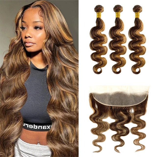 Happy Monday Brasilianische Körper Welle Ombre Blonde Tissage Bundle, 13x4 Frontal, P4/27 - Bild 1