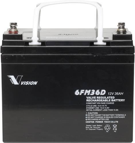 Vision Akkus 6FM36DX Bleiakku 12V 36Ah Blei-Vlies AGM Schwarz B/H/T: 19,5 x 15,5 x 13,0 cm M6-Schraubanschluss wartungsfrei und zyklenfest - Bild 1