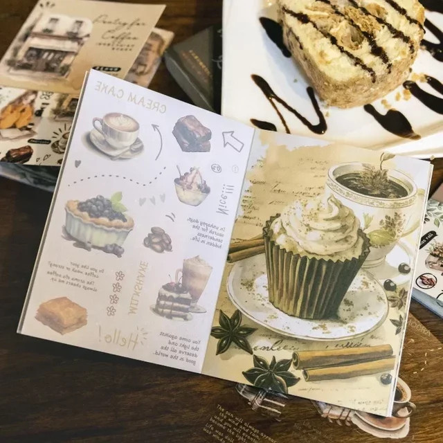 20 Blatt American PET Sticker Paper für Scrapbook mit Latte Coffee und Dessert Motiven, B: 17,9 cm x H: 11,7 cm, Mehrfarbig - Bild 1