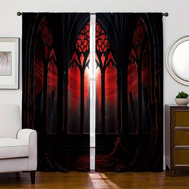 Yiran Furniture Vorhang Set Gothic-Schloss in Rot, 2 Stück, Polyester, Breite: 65 cm, Höhe: 60 cm - Bild 1