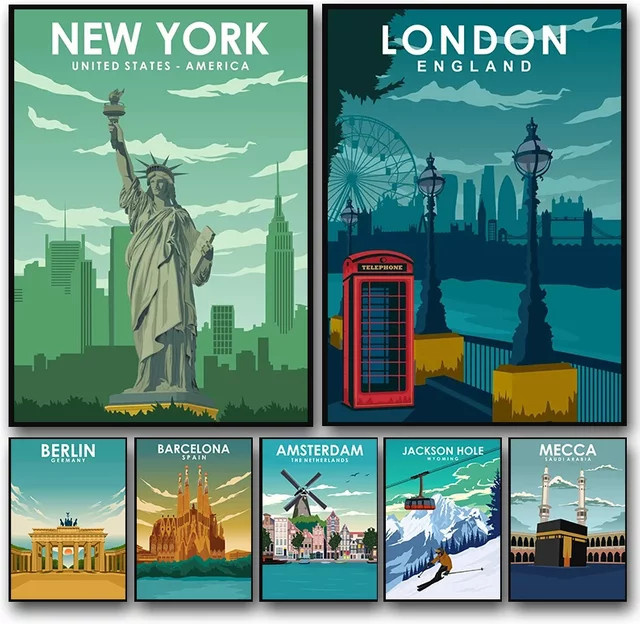 Potdemiel Vintage Stadt Reise Poster als Leinwand Malerei in Multicolour für dein Home Decor - Bild 1