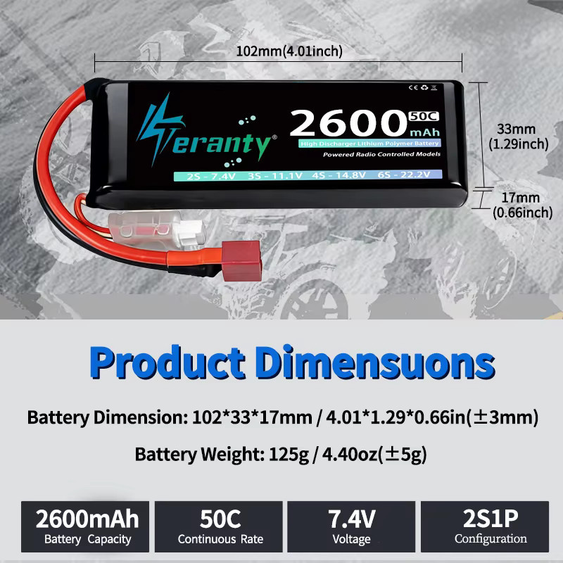 TERANTY LiPo-Akku 2S 7,4V 2600mAh 50C/100C mit T X60 Stecker für RC Modelle, Drohnen und Flugzeuge, Schwarz - Bild 4