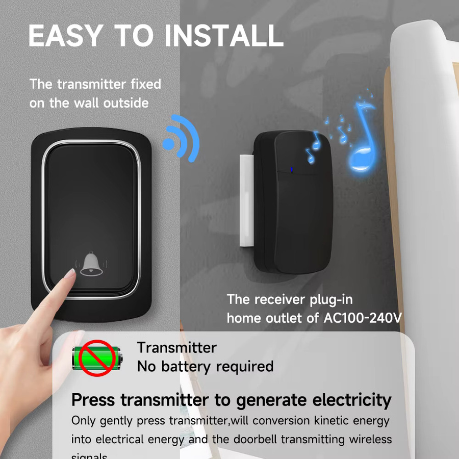 Lunzo Drahtlose Türklingel Set in Schwarz, wasserdichte kinetische Klingelton-Türklingel ohne Batterie für Zuhause und draußen - Bild 3