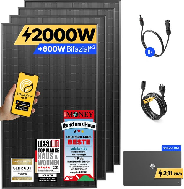 Sola Balkonkraftwerk 2000W/800W Photovoltaik Komplettset mit Solakon ONE Speicher und WIFI in Schwarz - Bild 1