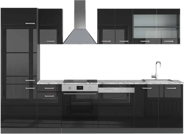 Vicco R-Line Küchenzeile Schwarz Hochglanz Anthrazit mit Marmor-Optik, Breite: 300 cm - Bild 1