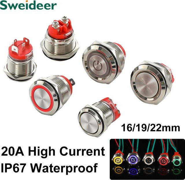Sweideer Hochstrom Metall Druckschalter mit LED-Licht IP67 Wasserdicht, Momentary Rast, Rot - Bild 1