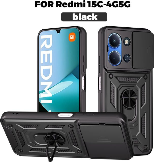 Xiaomi Poco C85 Handyhülle mit magnetischem Ringhalter und Kameraschutz in Schwarz oder Grün - Bild 1