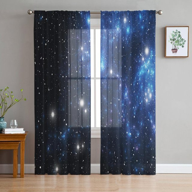 Transparente Organza-Vorhänge mit Raketen-Weltraum-Motiv in Weiß, B: 135 cm, H: 115 cm - Bild 1