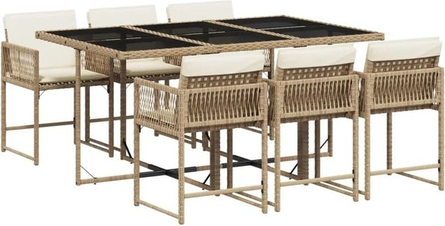 vidaXL 7-tlg Garten-Essgruppe aus Poly-Rattan mit Kissen und Hartglas, Beige, B/T/H: 106 x 73 x 73 cm - Bild 1