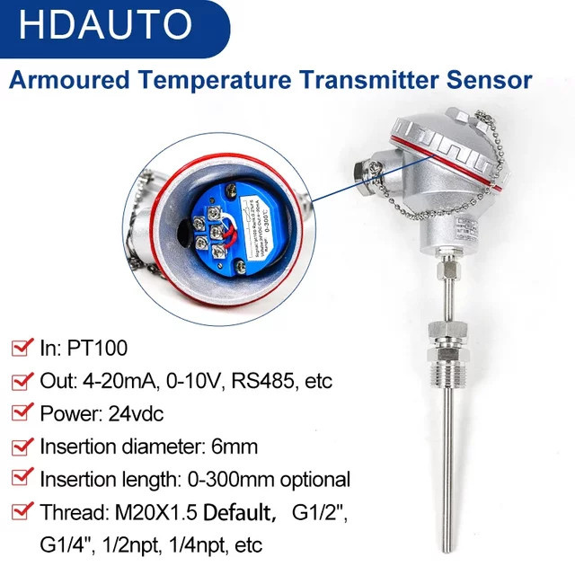 BMAD PT100 Temperaturtransmitter K-Typ Thermoelement mit M20X1,5 Anschluss, gepanzertes RTD Sensor in Silber, 4-20 mA 0-5 V RS485 - Bild 1