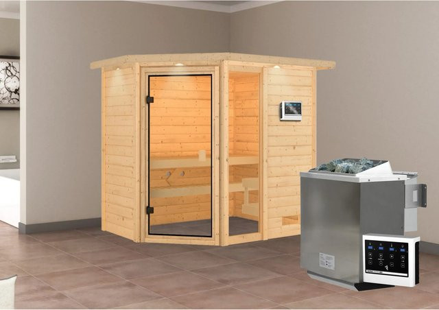 Karibu Massivholzsauna Jada in Natur mit BioKombiofen 9.0 kW und LED-Dachkranz, B/T/H: 224 x 16 x 2 cm - Bild 1