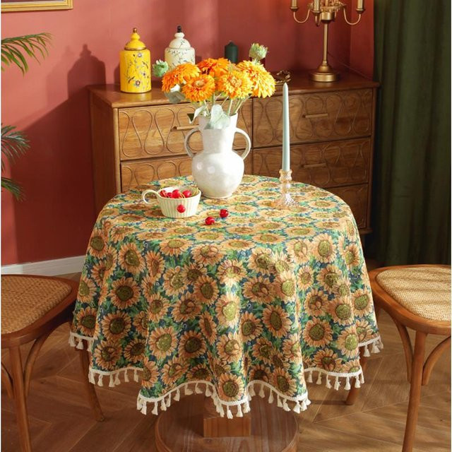 Runde Tischdecke Super Six im Retro-Jacquard-Stil mit floralem Muster und Quasten, Durchmesser: 100 cm - Bild 1