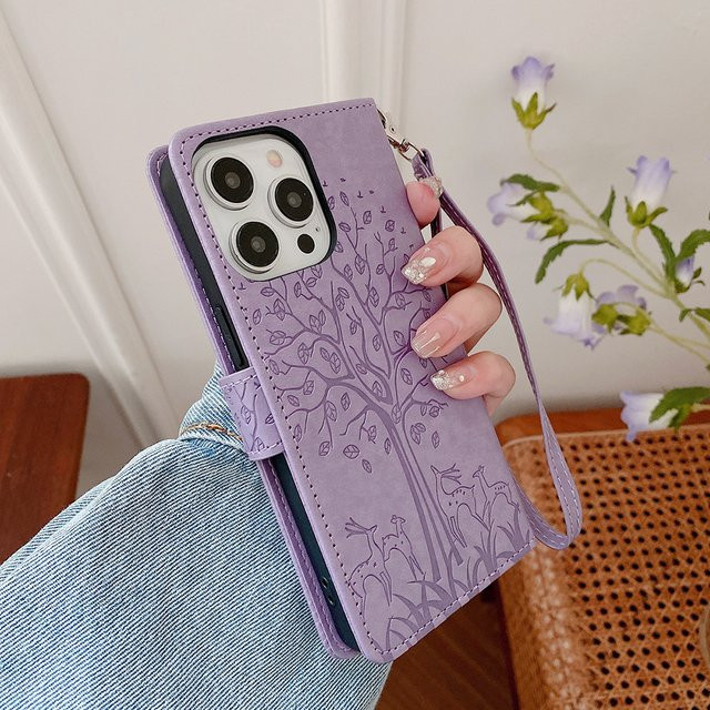 AIMONCASE Leder-Flip-Hülle für iPhone 16 Pro Max und iPhone 16 Plus mit Kartenfächern und Riemen in Pink oder Purple - Bild 1