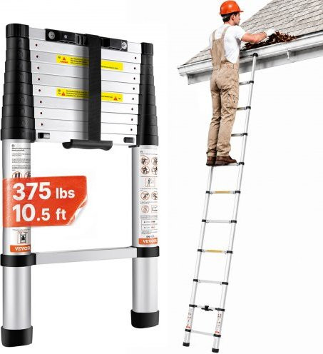 VEVOR Teleskopleiter aus Aluminium in Silber, 3,2 m Mehrzweckleiter mit Ein-Knopf-Rückzug und rutschfesten Gummifüßen, Belastbarkeit 170 kg, B/T/H: 48,0 x 9,5 x 76,5 cm - Bild 1