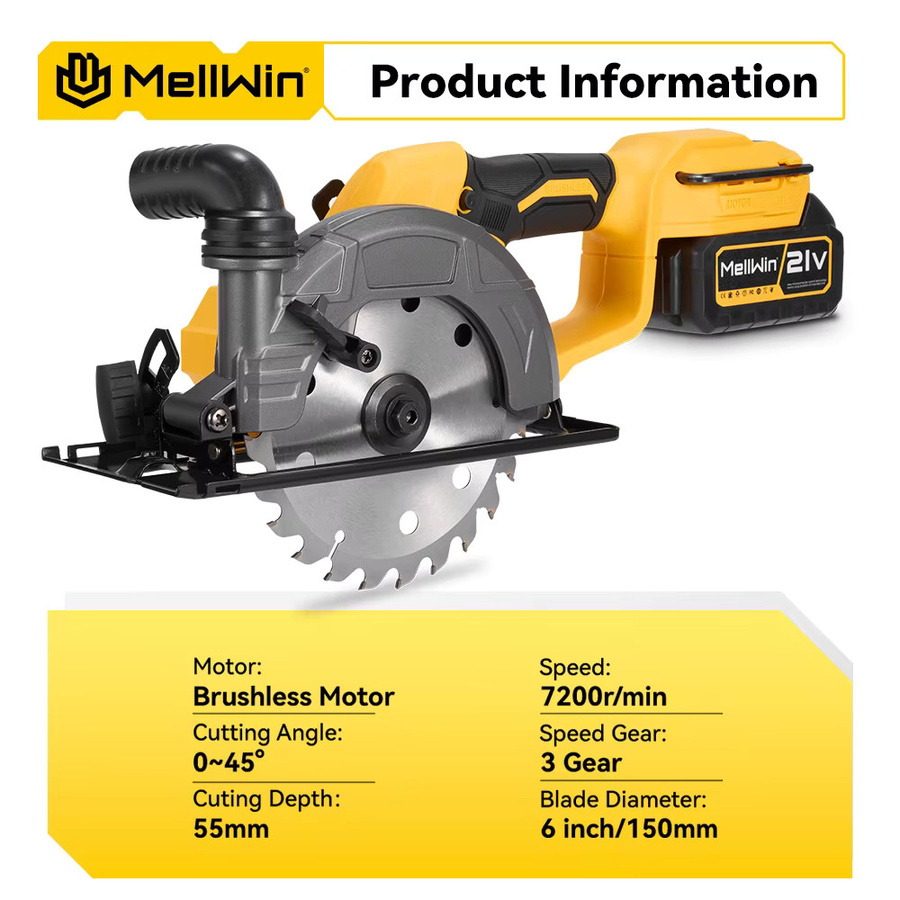 MELLWIN Bürstenlose Handkreissäge 150 mm Gelb, kompatibel mit Makita 18 V LXT Akku - Bild 2