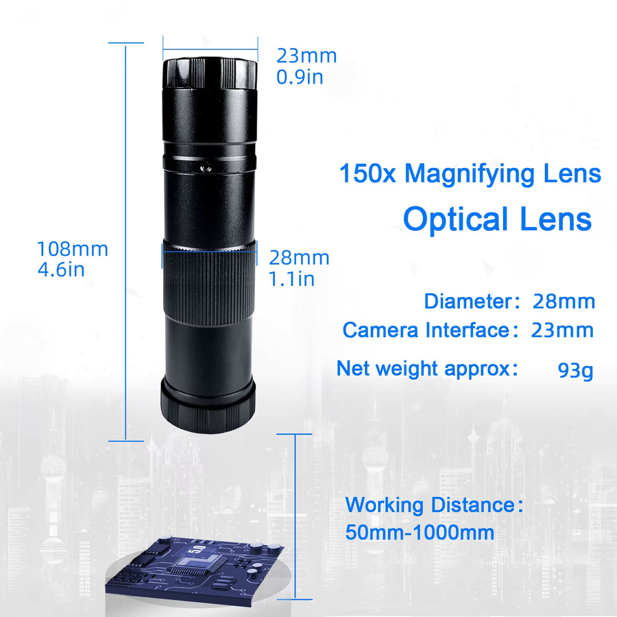 YIZHAN C-Mount Zoomobjektiv mit 150X Vergrößerung und 0,5X Zusatz-Barlow-Linse in Schwarz, 25mm Fokus und Sichtfeld 28/42/50mm - Bild 3