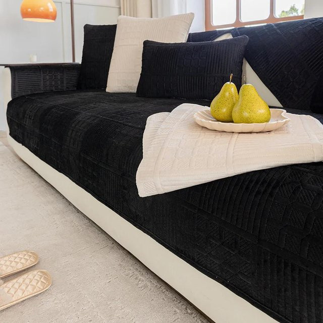 Rutschfester Samt Sofabezug in Schwarz, Steppsofaüberwurf für den Winter, Breite: 90 cm, Tiefe: 180 cm - Bild 1