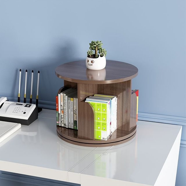 360 Grad drehbares Desktop-Organizer-Regal für Bilderbücher und Bürobedarf, mehrteiliges Aufbewahrungsregal für deinen Schreibtisch in Grau und Braun - Bild 1