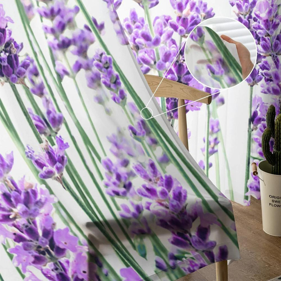 Yiran Furniture Transparentes Voile-Fenstergardinen Set mit Lavendel-Blumenmuster in Lila und Weiß, Tüll und Organza mit Ösen, Breite: 135 cm, Höhe: 115 cm - Bild 1