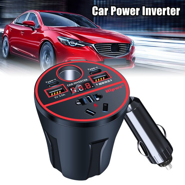 Auto USB Schnelllade-Wechselrichter mit QC3.0 und digitalem Display, 200W Fahrzeugladegerät für den Zigarettenanzünder, Schwarz - Bild 1
