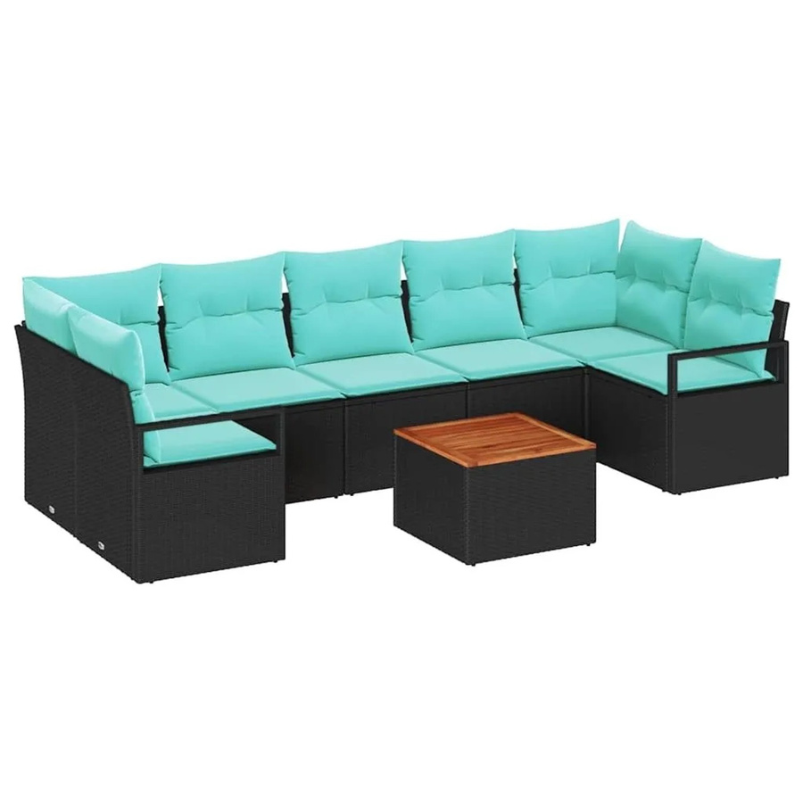 vidaXL Gartensofa-Set 8-teilig aus Poly-Rattan und Akazienholz in Schwarz mit türkisen Kissen und Tisch - Bild 2