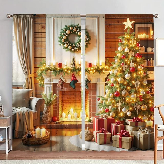 2-teiliges Set Weihnachts-Wunderland-Vorhänge mit Holzfassade, Weihnachtsbaum und Kamin in Braun, B: 52,5 cm, H: 116 cm - Bild 1