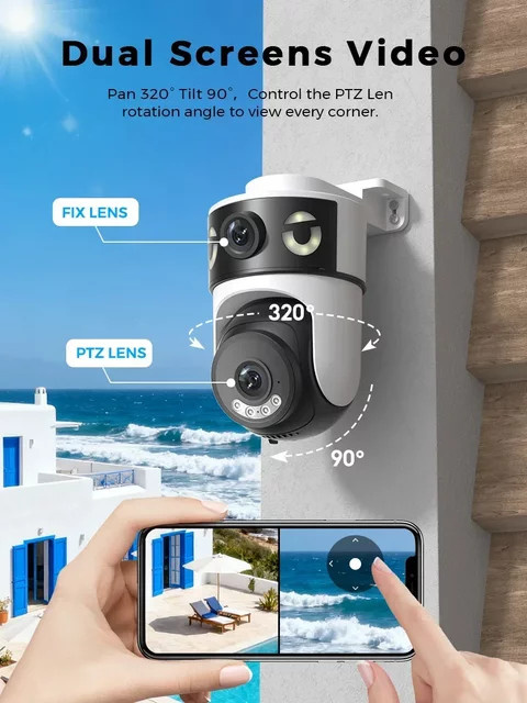 Abuntu O-KAM PRO Wifi Sicherheit Kamera mit Dual Lens, 10MP 5K Auflösung, Dual Bildschirme, 5X Digital Zoom, Nachtsicht und Menschlicher Erkennung, Weiß - Bild 1