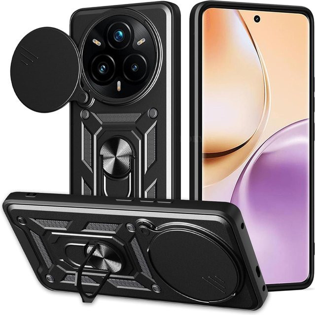 Schutzhülle für Realme 14 Pro Plus mit Linsenschutz und magnetischem Ringhalter in Schwarz und Transparent - Bild 1