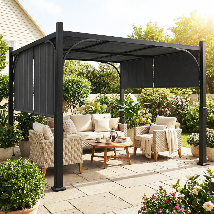 Outsunny Gartenpergola mit Schiebebaldachin aus Metall in Dunkelgrau, B/T: 300 x 300 cm - Bild 2