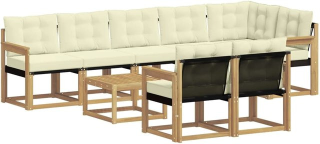 vidaXL Outdoor-Sofagarnitur 9-tlg. in L-Form mit Kissen und Couchtisch, Weiß und Beige, aus Akazienholz und Textilene - Bild 1